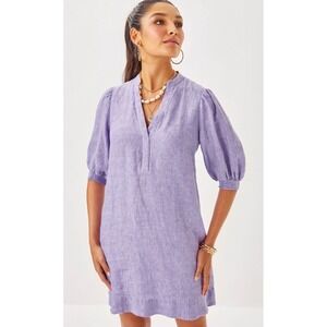 Lilly Pulitzer Mialeigh Lagoon Linen Blend V Neck Puff Sleeve Dress Size 10